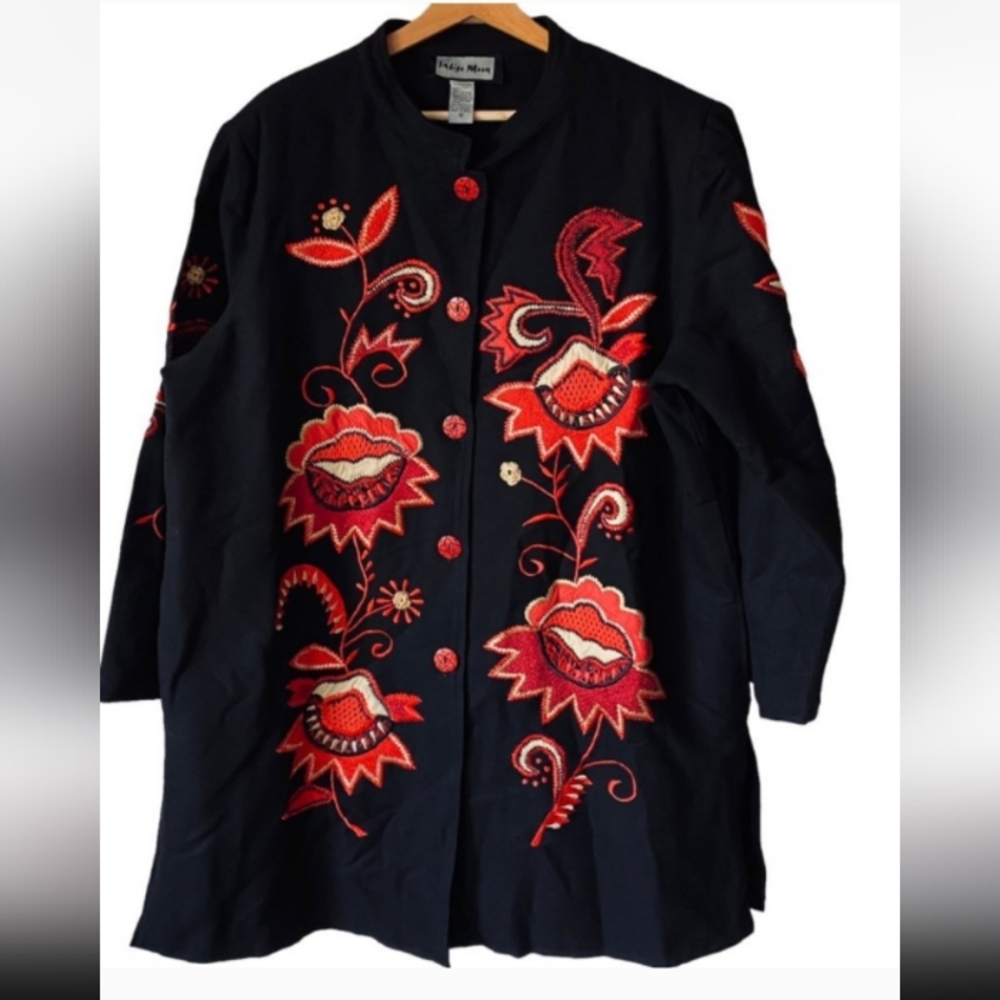 Indigo Moon Black Coat with Red Embroidery